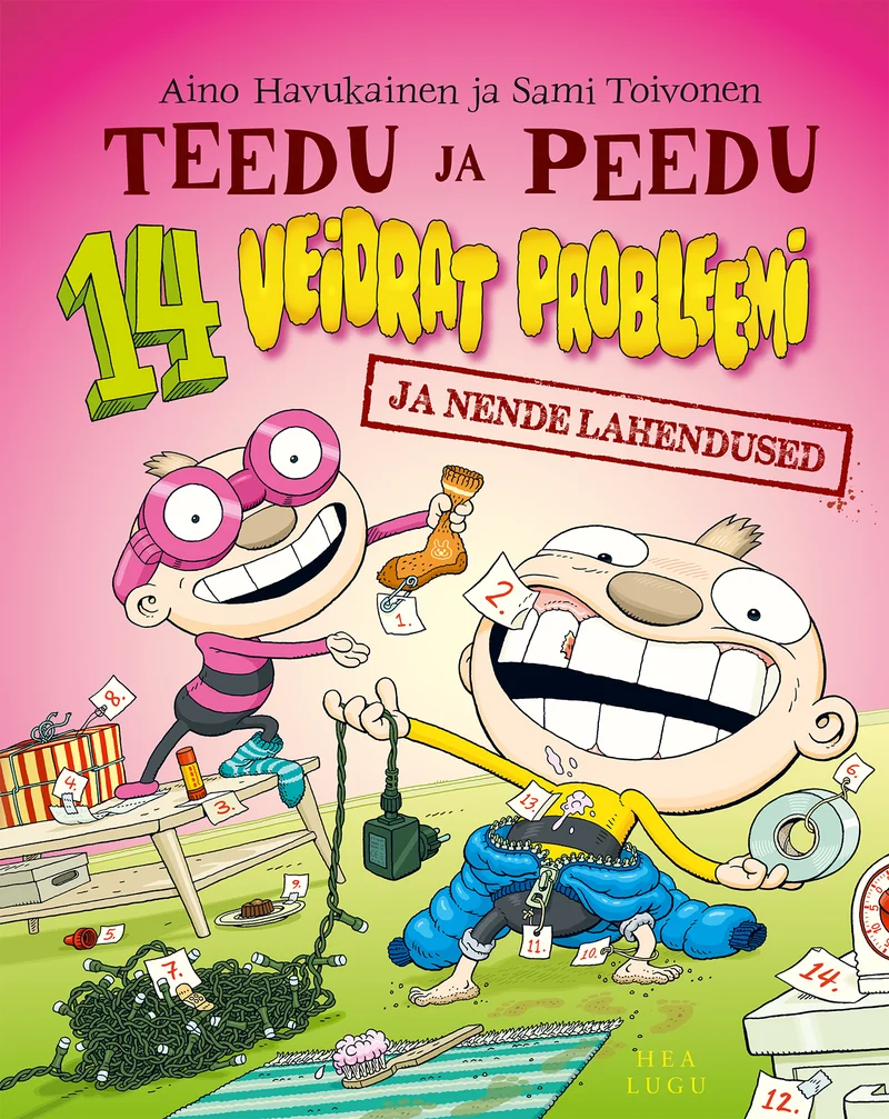 Teedu ja Peedu 14 veidrat probleemi ja nende lahendused - Aino Havukainen, Sami Toivonen (Hea Lugu, 2026). Koomiksistiilis ilustratsioon kahest energilisest poisist, kes teevad naljakaid näosid rohelisel muruplatsil. Erksat värvi kaas on elav ja humoorikas, tegelased on joonistatud liialdatud joontega.